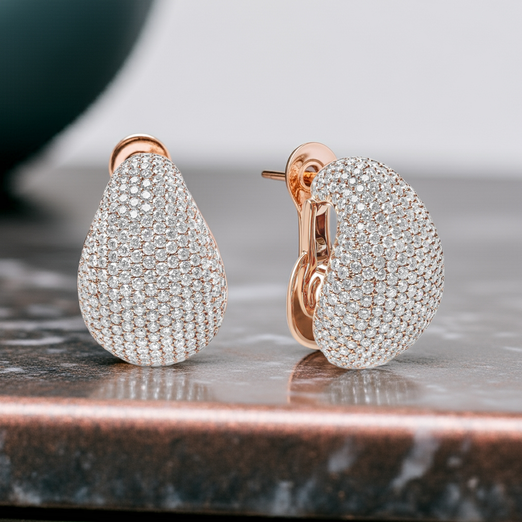 18K Rose Gold 13 1/5 Cttw Micro-Pave Diamond Sculptural Design Statement Omega Back Earrings (G-H Color, SI1-SI2 Clarity)