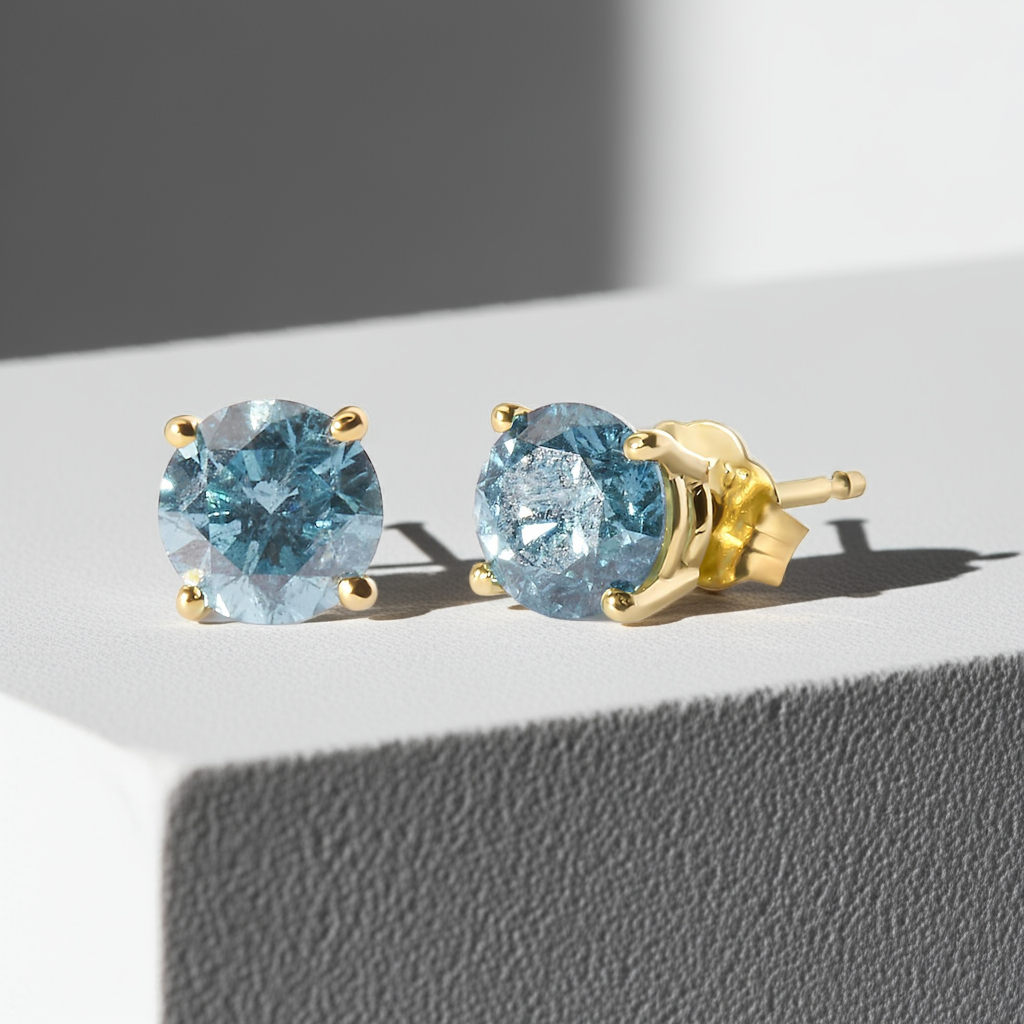 14K Yellow Gold 1.0 Cttw Treated Aqua Blue Diamond Classic Solitaire Stud Earrings (Aqua Blue Color, I2-I3 Clarity)