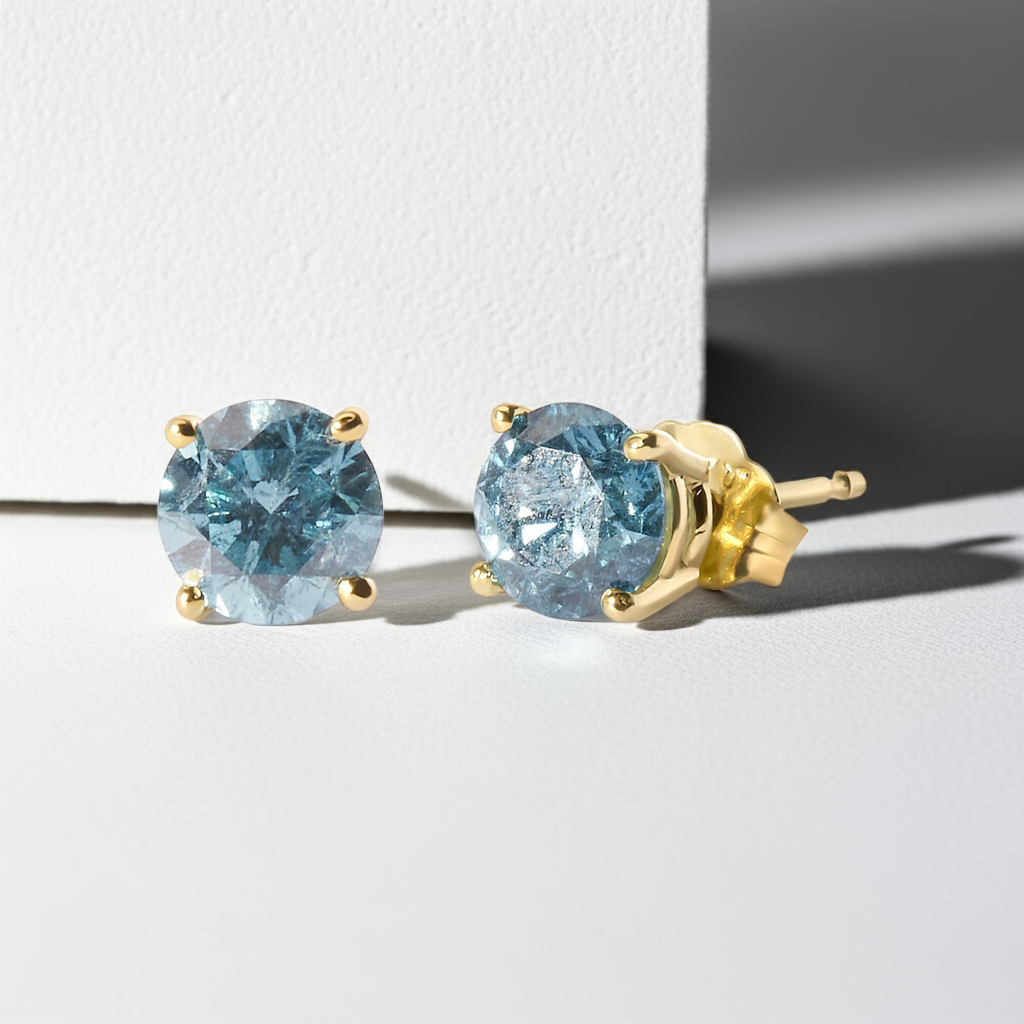 14K Yellow Gold 1.0 Cttw Treated Aqua Blue Diamond Classic Solitaire Stud Earrings (Aqua Blue Color, I2-I3 Clarity)
